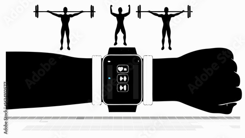 Smartwatch on wrist displaying fitness tracking with weightlifter silhouettes in the background imagery