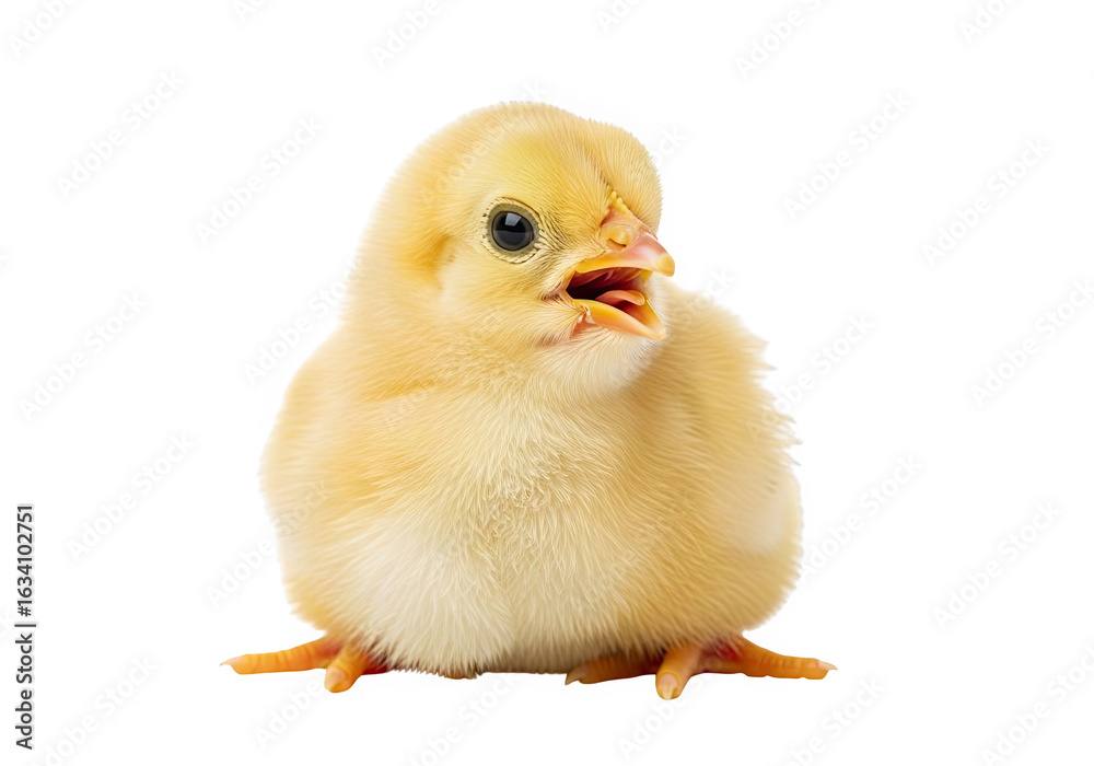 Obraz premium A fluffy yellow baby chick standing and peeping, isolated on transparent background