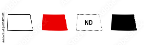 North Dakota map icon set. State outline, red fill, ND dotted sign and black silhouette symbol. Midwestern USA pictogram. Bismarck capital and border region illustration.