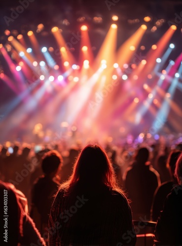 A vibrant crowd enjoys a live music performance, immersed in the energy and dazzling display of colorful stage lighting.