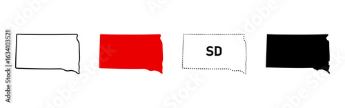 South Dakota map icon set. Outline, red fill, SD dotted sign and black silhouette symbol. Great Plains US state shape pictogram. Pierre capital location map illustration.