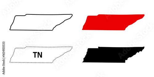 Tennessee map icon set. Outline, red shape, TN dotted sign and black silhouette symbol. Southeastern US state symbol. Nashville capital location pictogram. Flat geography illustration.