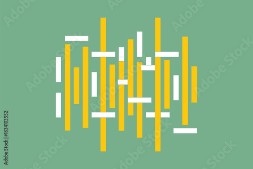 A minimalist abstract composition featuring yellow vertical bars and white horizontal rectangles on green