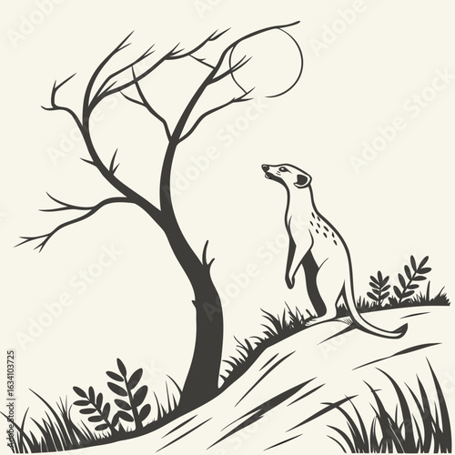 Meerkat gazes at the moon under a bare tree, isolated on white background