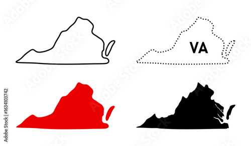 Virginia map icon set. State outline, solid fill, dotted VA label sign and silhouette symbol. USA east coast region pictogram. Richmond location and state shape map illustration.