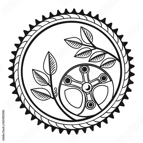 Bicycle sprocket with leaves isolated on white background, an ecofriendly design