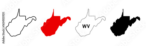 West Virginia map icon set. State outline, solid fill, dotted WV label sign and silhouette symbol. USA eastern region pictogram. Charleston location and state shape map illustration.