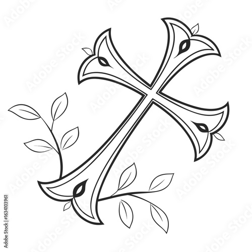 Christian cross with floral design isolated on white background for decoration