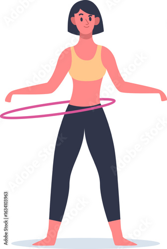 Young woman wearing vibrant sportswear engages in hula hoop exercises, skillfully rotating her waist to promote fitness, weight loss, and an active, healthy lifestyle