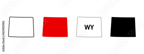 Wyoming map icon set. State outline, red fill, dotted WY abbreviation sign and solid silhouette symbol. USA rectangular state pictogram. Cheyenne location map illustration.