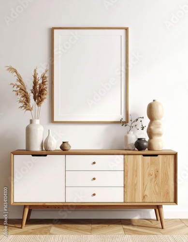 Japandi Style Mockup Frame Above a MidCentury Sideboard with Vases.