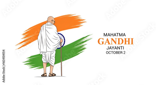 Minimal illustration of Mahatma Gandhi from behind holding stick with Indian flag brush background used for October Gandhi Jayanti cultural national celebration and historic remembrance