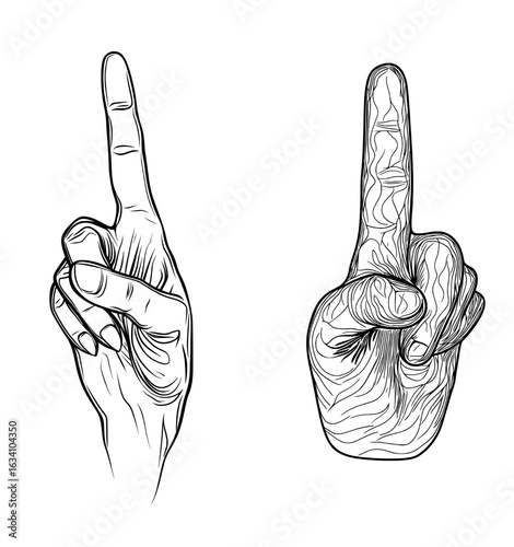 In a vintage retro woodcut style, a hand is illustrated giving the finger bird gesture