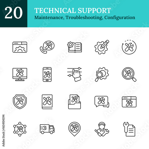 Technical Support Outline Icon Sheet Design Vector - maintenance, troubleshooting, guides, remote help, secure repair, system updates, mobile diagnostics, and field service
