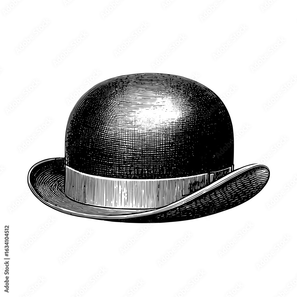 Ink graphic art is used to create a sketch of a bowler hat, shown as a round hat illustration with a draft silhouette drawing, all in black on white line art, for a gentleman's vintage etching design