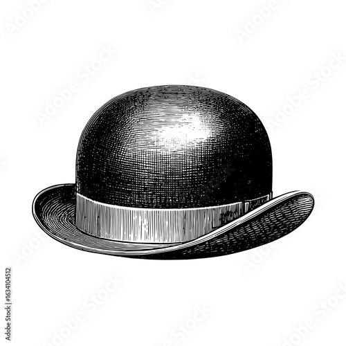 Ink graphic art is used to create a sketch of a bowler hat, shown as a round hat illustration with a draft silhouette drawing, all in black on white line art, for a gentleman's vintage etching design