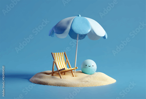 Minimalist Summer Beach Scene with Cartoon Character Beach Chair and Umbrella on a Tiny Island Perfect for Vacation and Relaxation Themed Designs