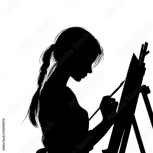 In a modern isolated cartoon illustration, a beautiful young woman is shown drawing behind an easel, captured in a black and white silhouette, with an art brush in hand, embodying a useful creative