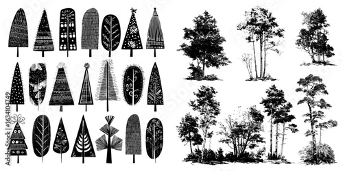 The design combines a modern border of woodland trees in a scandi linocut style with a washi tape forest block print, ideal for monochrome ink sketch graphics