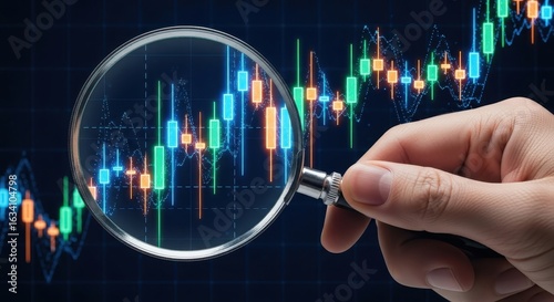 Examining Market Trends A Magnifying Glass Focuses on a Candlestick Chart for Data Analysis