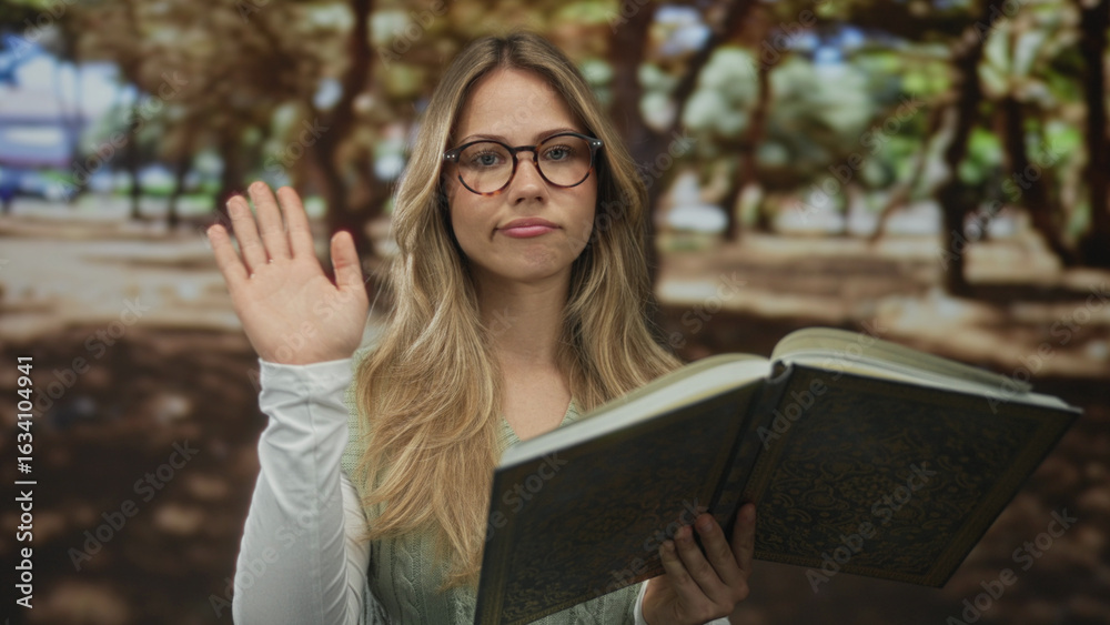 Fototapeta premium Blonde woman holds open hardcover book with both hands reading under tall oak trees in green city park; calm reflection.