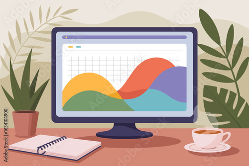 Computer screen displaying colorful data graphs with plants and coffee 1