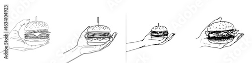 Line art style illustration of a hand holding a burger, isolated on a white background with a modern hand drawn design
