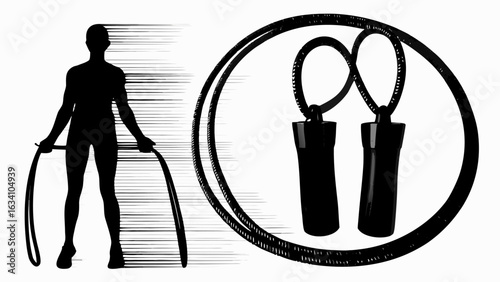 Silhouette of a person holding jump rope with motion lines and a close up of a jump rope on the side