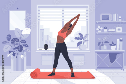 Woman stretching indoors on yoga mat with plants and shelves
