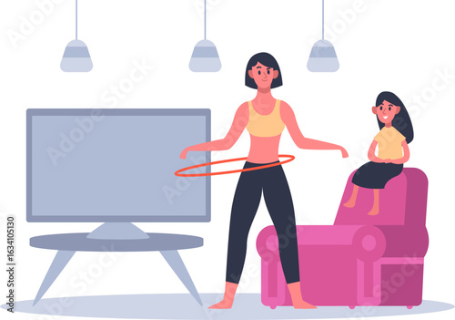 Woman hula hooping at home for fitness while daughter sitting on the armchair, enjoying television. Both sharing moments of fun and togetherness in a cozy living room