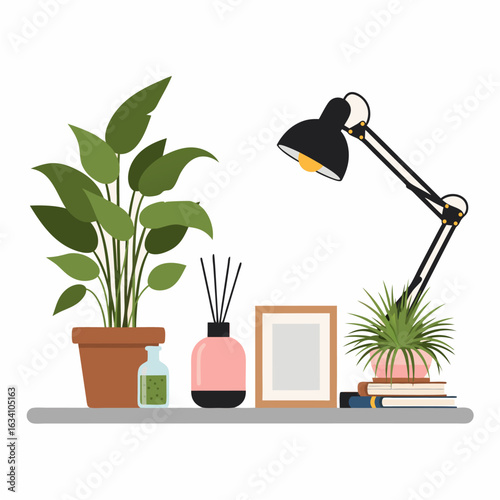 Indoor Plant and Desk Lamp Home Flat Vector Illustration