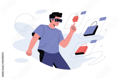 Man in V R headset interacting with digital shopping bags