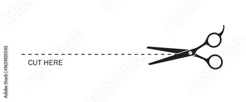 Cut here instruction with dashed line and scissor. flat black vector illustration for product packaging