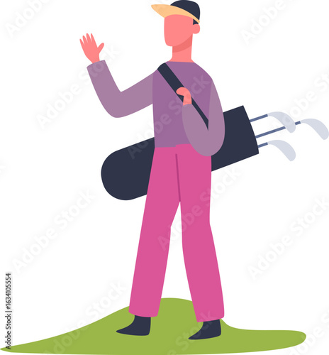 Friendly golfer waving while carrying golf clubs in bag, enjoying a day on the course, ready for a game, representing leisure, sports, and outdoor activity