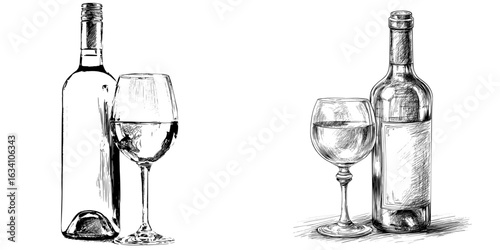 Modern winery product, aged wine dry light alcohol drink in glass bottle, thin line, represented by a bottle of white wine and glass isolated outline icon