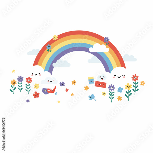 Rainbow and Flowers in a Field with Clouds