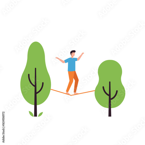 Man Walking on a Tightrope Between Two Trees