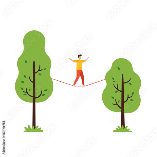 Man walking on a tightrope between two trees