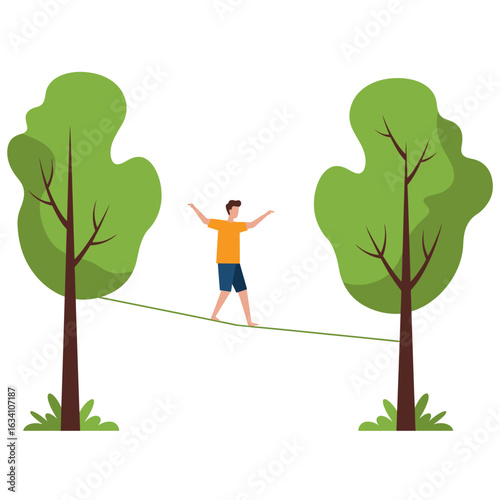 Man Walking on a Tightrope Between Two Trees