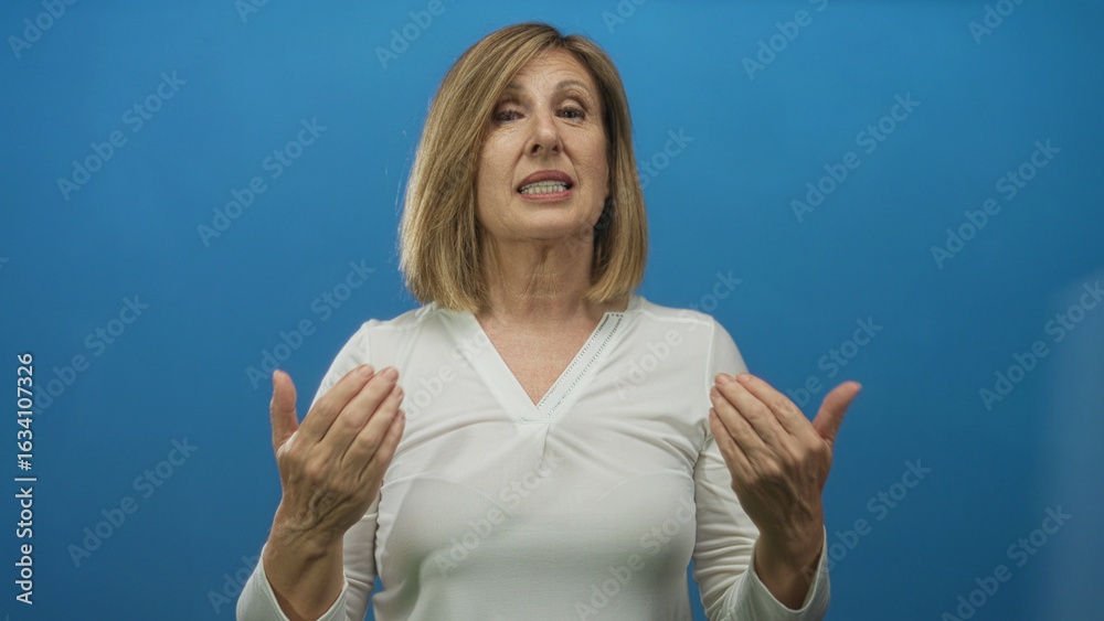 Fototapeta premium Woman in white top raises open palms and shrugs shoulders with puzzled expression in a front facing blue studio setting; uncertainty.