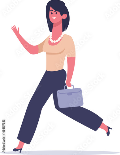 Smiling businesswoman running and waving while holding briefcase, concept of entrepreneurship, female empowerment, success, career, and business in general