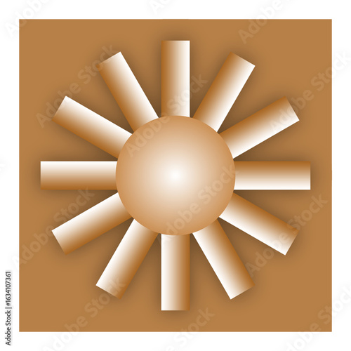 A radiant central orb emits soft golden rays in perfect symmetry, resembling a stylized sun glowing against a warm caramel-toned background.