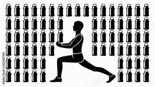 Silhouette of person doing lunges while holding a milk jug surrounded by many milk jugs in black and white