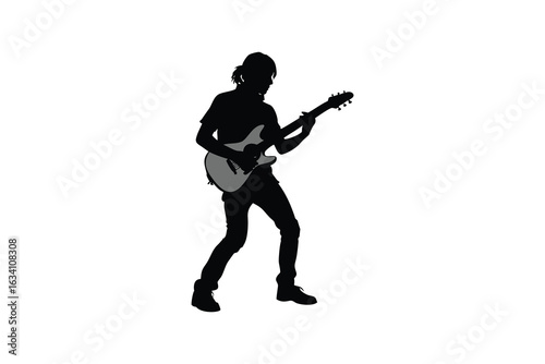 Dynamic silhouette of a man playing an electric guitar with passion and energy set against a solid white background exuding a sense of creativity and