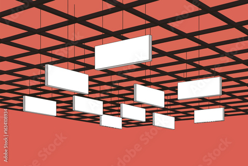 Suspended white rectangular panels hanging from a black grid ceiling in a salmon colored room space art