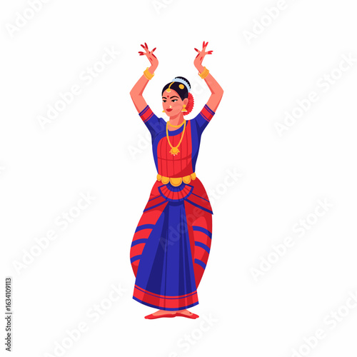 Indian Woman Bharatanatyam Dancer Flat Vector Illustration