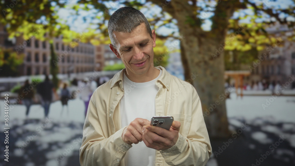 Man using smartphone outdoors on the street, surrounded by urban scenery and pedestrians, showcasing modern technology in everyday life beneath a tree's shade. Man using smartphone outdoors on the street, surrounded by urban scenery and pedestrians, showcasing modern technology in everyday life beneath a tree's shade.