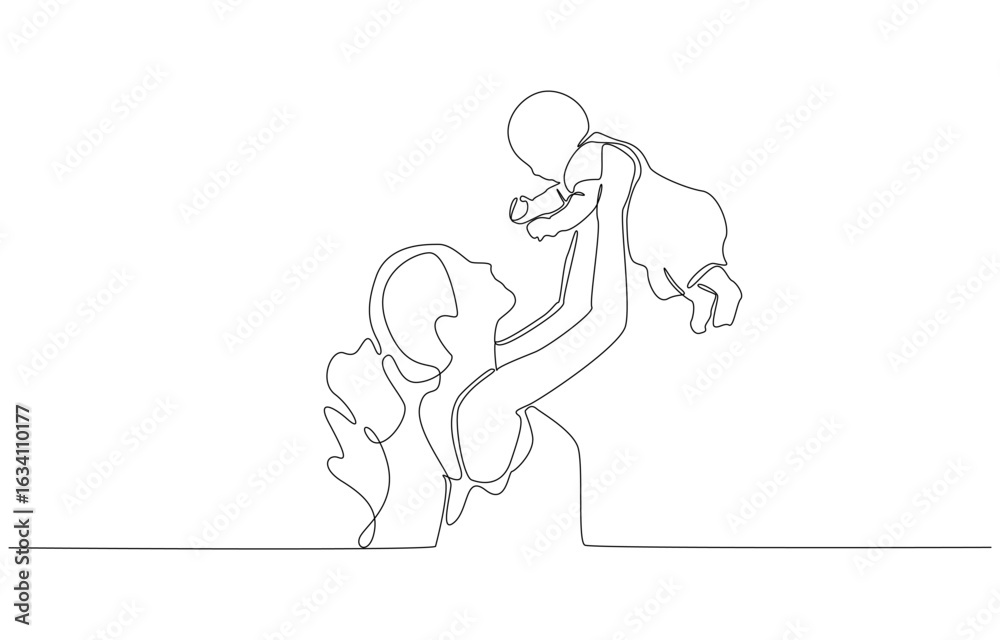 Fototapeta premium Continuous one line drawing of mother lifting baby playfully in the air, family and parenting concept, single line art