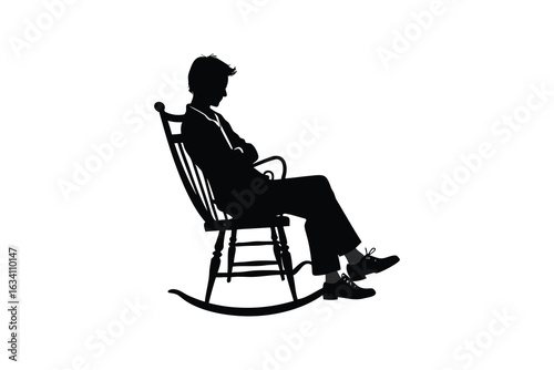 modern detailed professional high quality The image presents a minimalist black silhouette of a man sitting in a wooden rocking chair against a solid white background