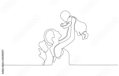 Continuous one line drawing of mother lifting baby playfully in the air, family and parenting concept, single line art